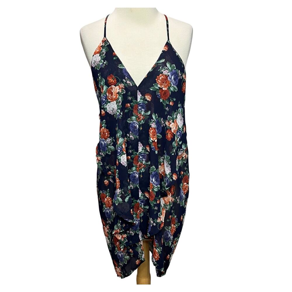 Poetry Mini Dress Womens S Navy Blue‎ Floral Asymmetrical Layered Cover Up Boho